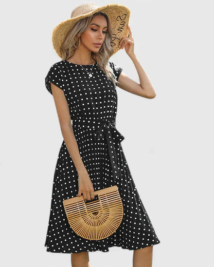 Marigene | Women’s Tie-Waist Polka Dot Cap Sleeve Midi Dress