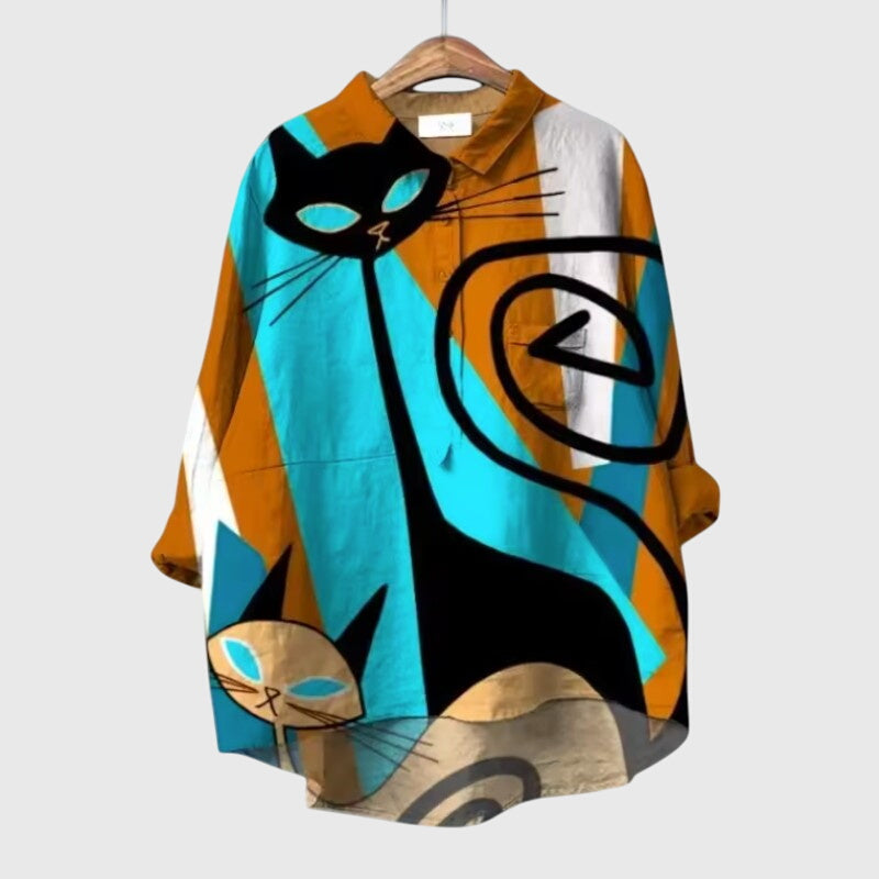 Kennedy | Women’s Cat Print Button Up Blouse