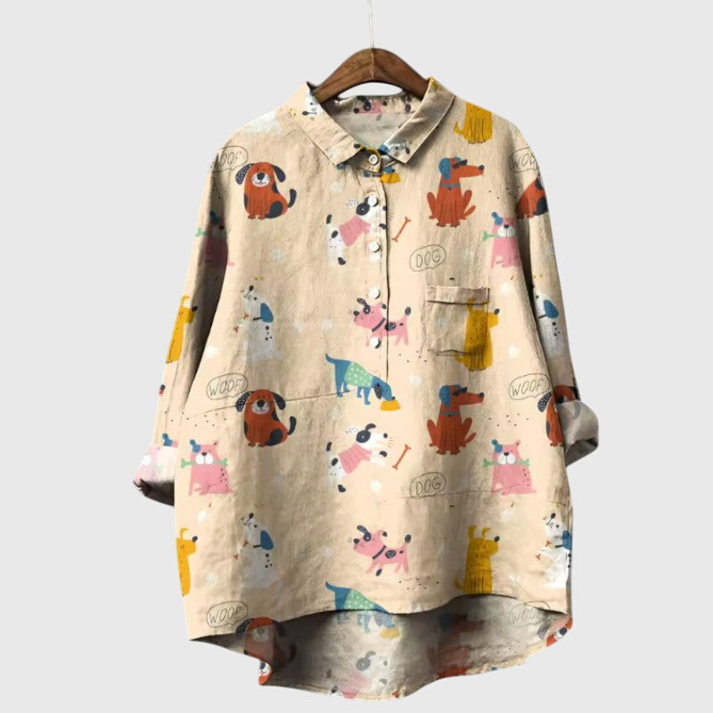 Piper | Women’s Cute Cat Print Button Up Blouse