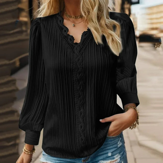 Eleanora | Women’s Pleated Blouse with Lace and V-Neck