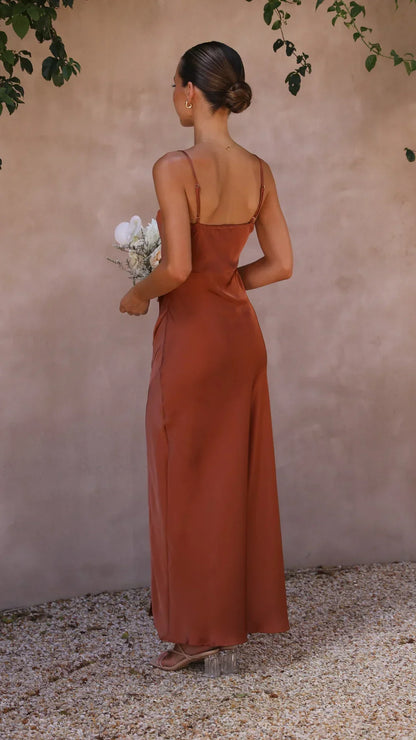 Genevieve | Women’s Spring Satin Slip High Slit Maxi Dress