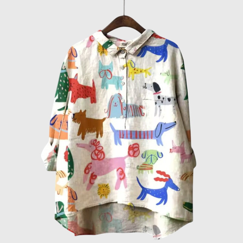 Piper | Women’s Cute Cat Print Button Up Blouse