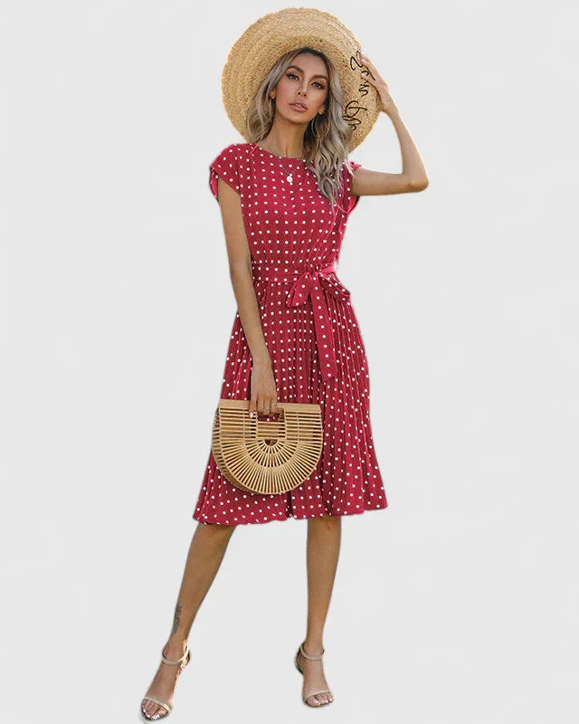 Marigene | Women’s Tie-Waist Polka Dot Cap Sleeve Midi Dress