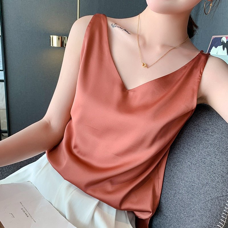 Elara | Women’s Classic Relaxed Fit Draped Satin Tank