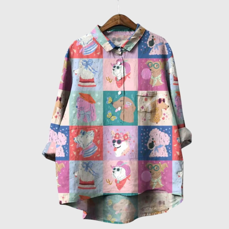 Piper | Women’s Cute Cat Print Button Up Blouse