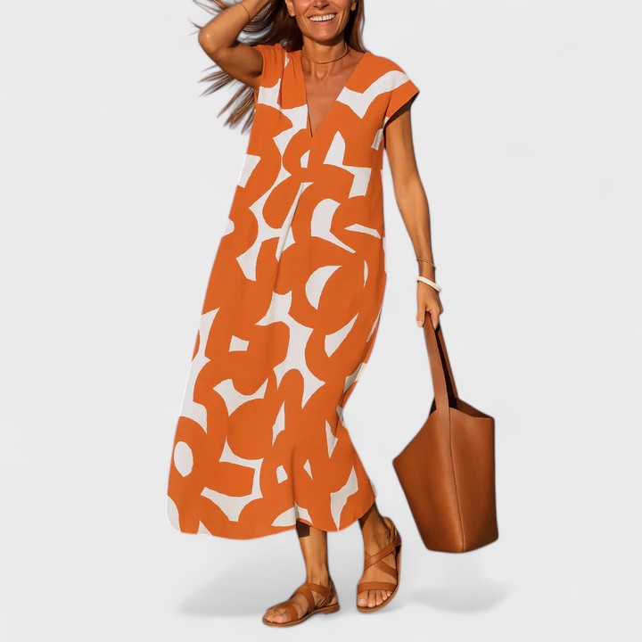 Isoldea | Women’s Printed Flowing V Neck Maxi Dress