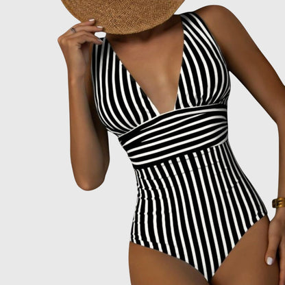 Zivara | Women’s Striped V Neck One Piece Swimsuit