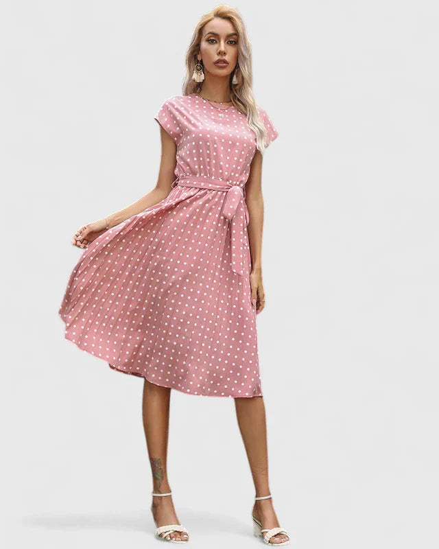 Marigene | Women’s Tie-Waist Polka Dot Cap Sleeve Midi Dress