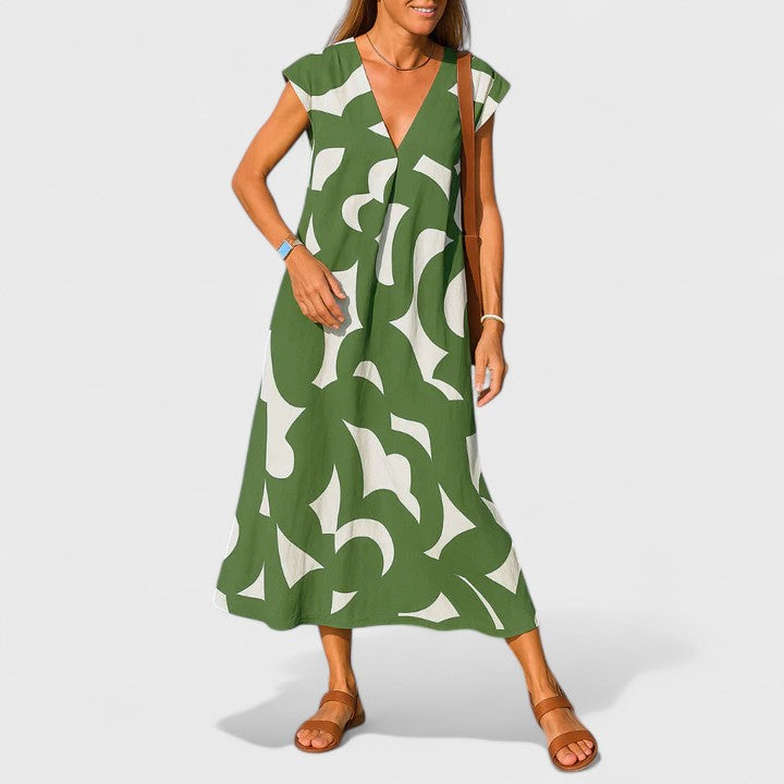 Isoldea | Women’s Printed Flowing V Neck Maxi Dress