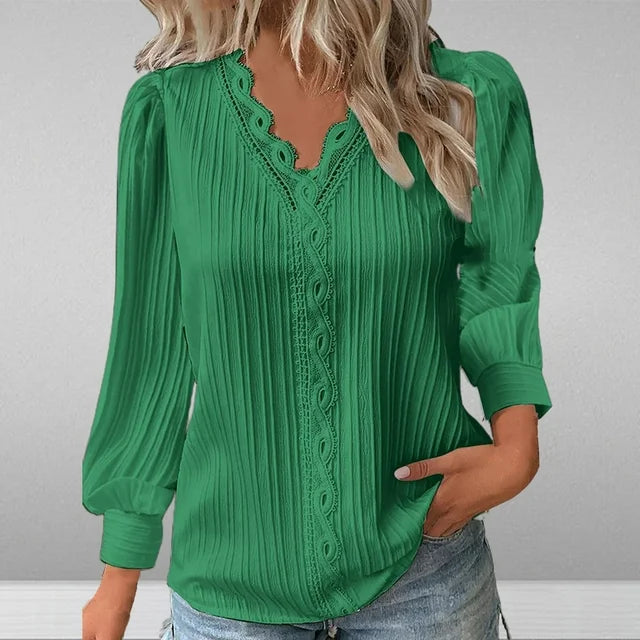 Eleanora | Women’s Pleated Blouse with Lace and V-Neck