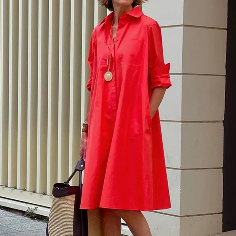 Rylai | Women’s Loose Fit Knee-Length Shirt Dress with Pockets