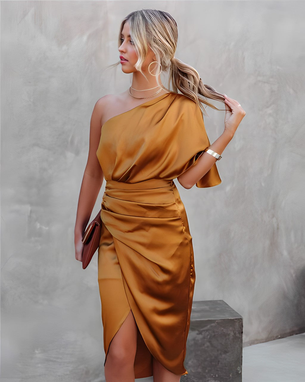 Brooke | Women’s Trendy One-Shoulder Wrap Midi Dress