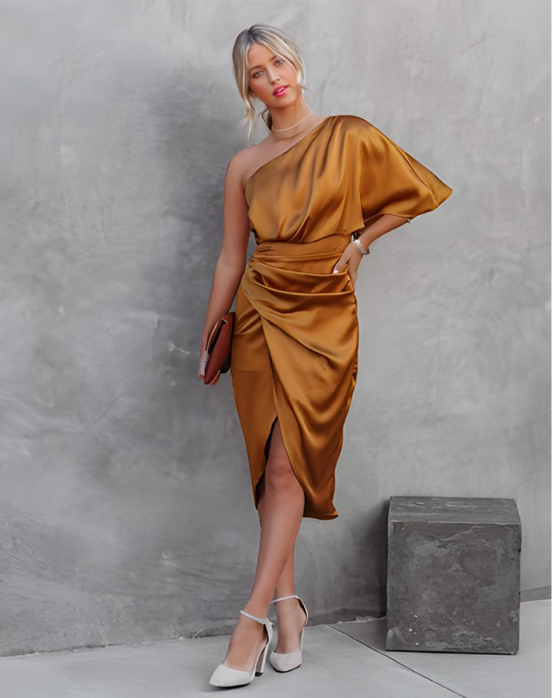 Brooke | Women’s Trendy One-Shoulder Wrap Midi Dress