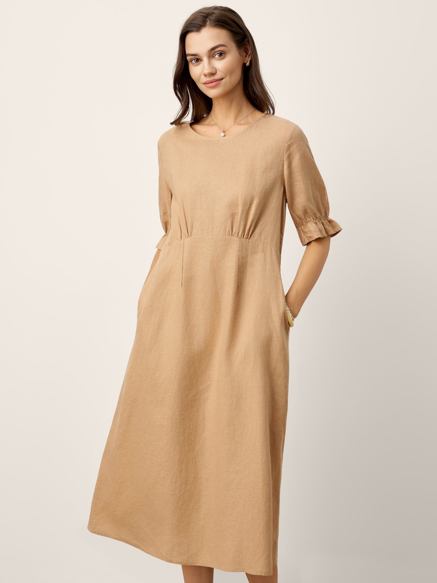 Talia | Women’s Linen Round Neck Sleeve Maxi Dress