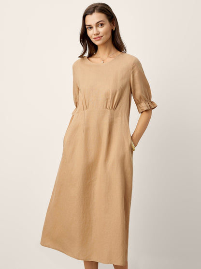 Talia | Women’s Linen Round Neck Sleeve Maxi Dress