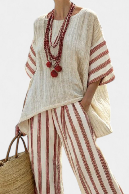 Rory | Women’s Rustic Striped Poncho Top and Linen Pants Set