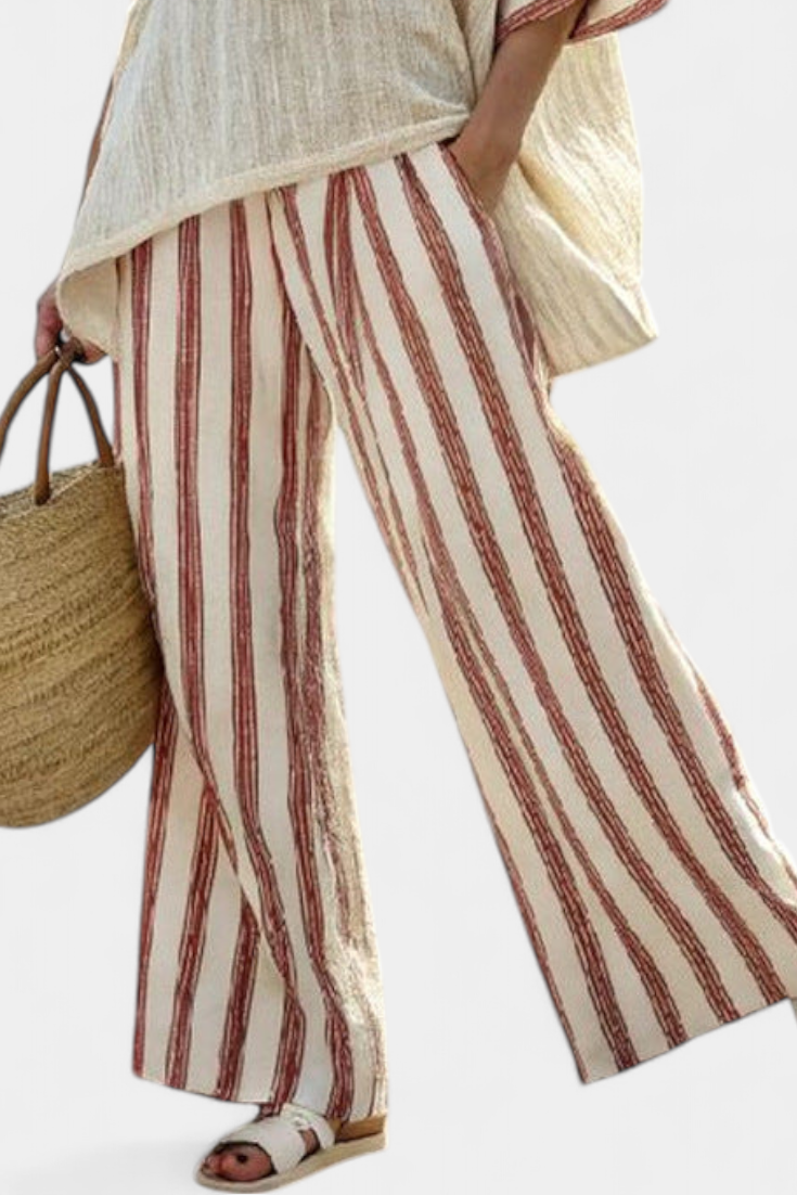 Rory | Women’s Rustic Striped Poncho Top and Linen Pants Set