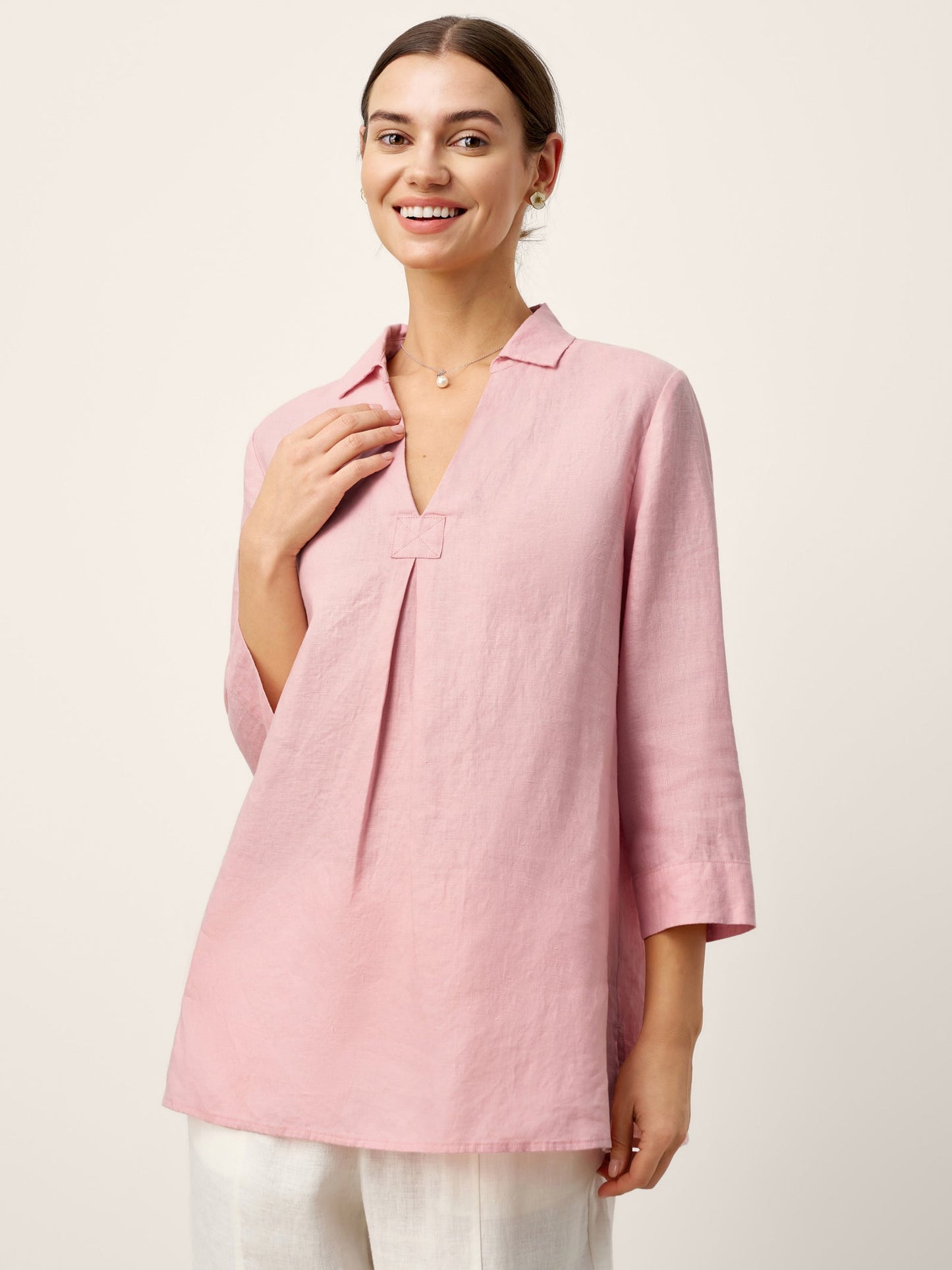 Marcelline | Women’s Linen Layered V-Neck Pleated Blouse