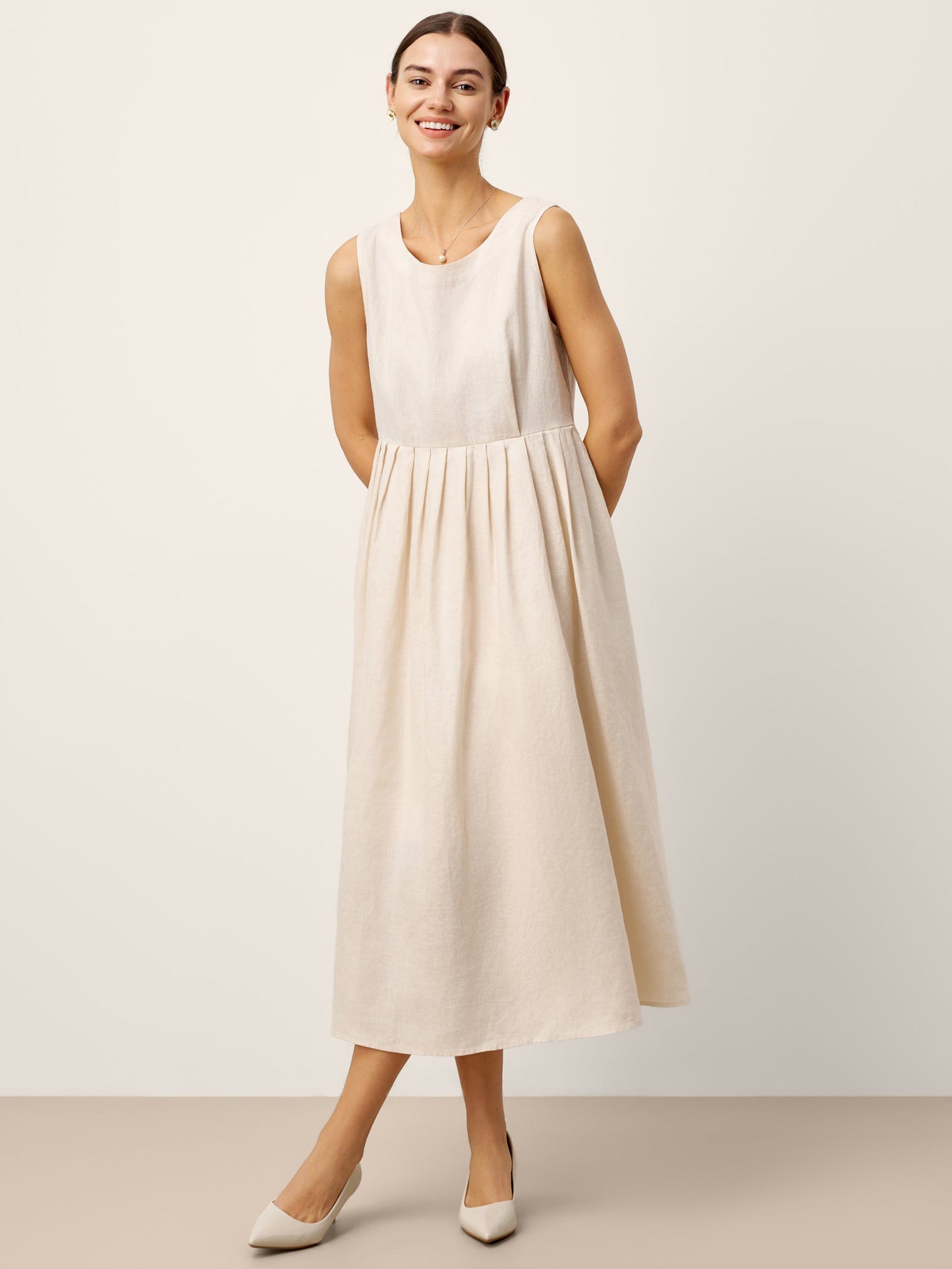 Monroe | Women’s Linen Sleeveless Crew Neck Pleated Waist Maxi Dress