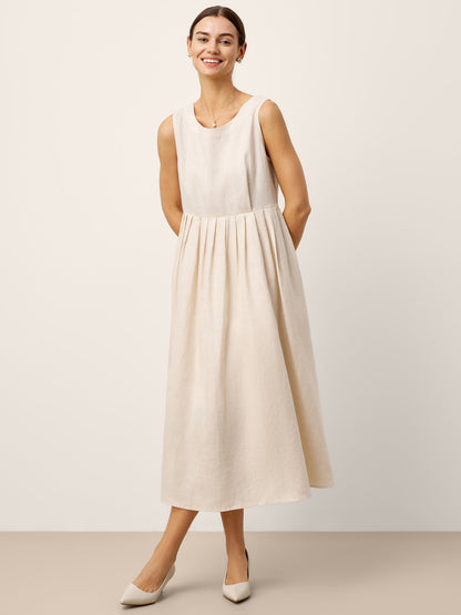 Monroe | Women’s Linen Sleeveless Crew Neck Pleated Waist Maxi Dress