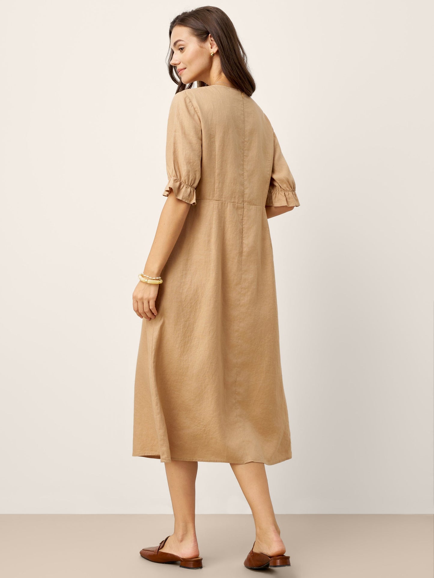 Talia | Women’s Linen Round Neck Sleeve Maxi Dress