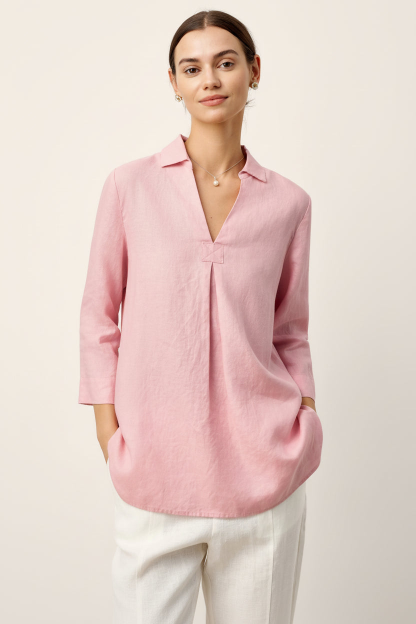 Marcelline | Women’s Linen Layered V-Neck Pleated Blouse
