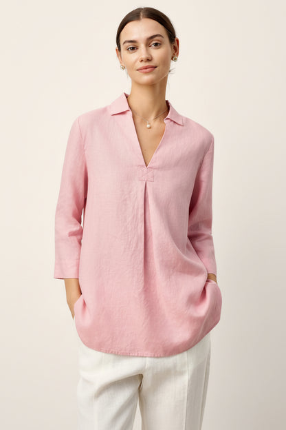 Marcelline | Women’s Linen Layered V-Neck Pleated Blouse