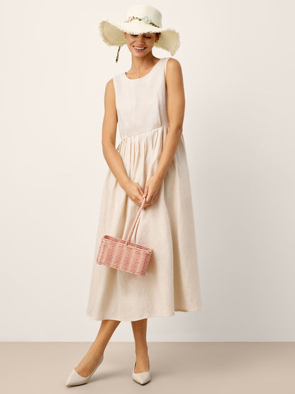 Monroe | Women’s Linen Sleeveless Crew Neck Pleated Waist Maxi Dress