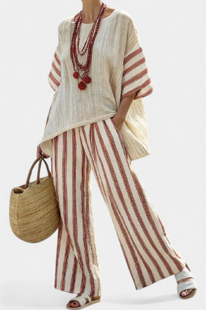 Rory | Women’s Rustic Striped Poncho Top and Linen Pants Set