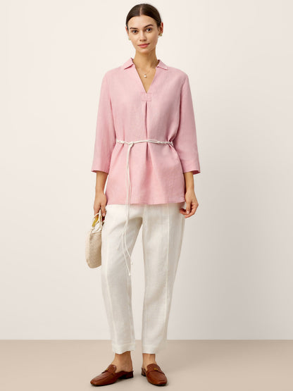 Marcelline | Women’s Linen Layered V-Neck Pleated Blouse