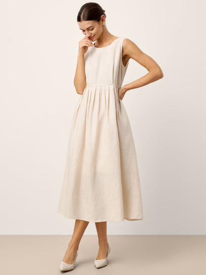 Monroe | Women’s Linen Sleeveless Crew Neck Pleated Waist Maxi Dress