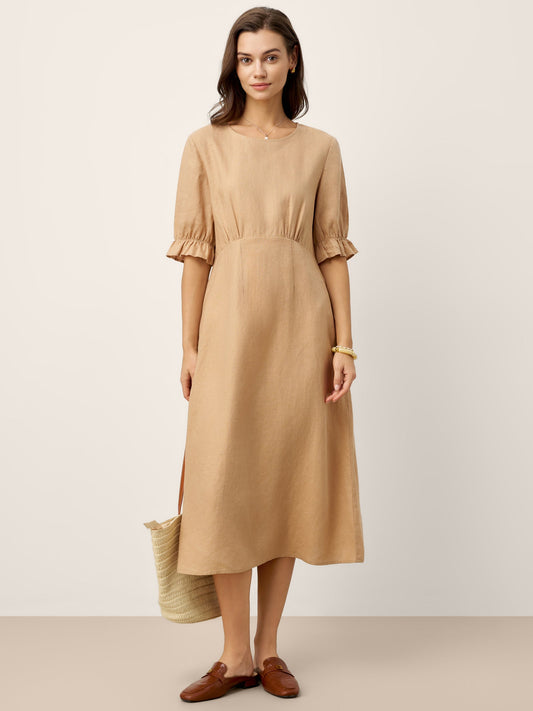 Talia | Women’s Linen Round Neck Sleeve Maxi Dress