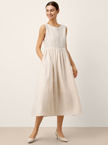 Monroe | Women’s Linen Sleeveless Crew Neck Pleated Waist Maxi Dress