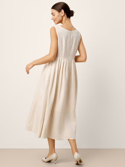 Monroe | Women’s Linen Sleeveless Crew Neck Pleated Waist Maxi Dress