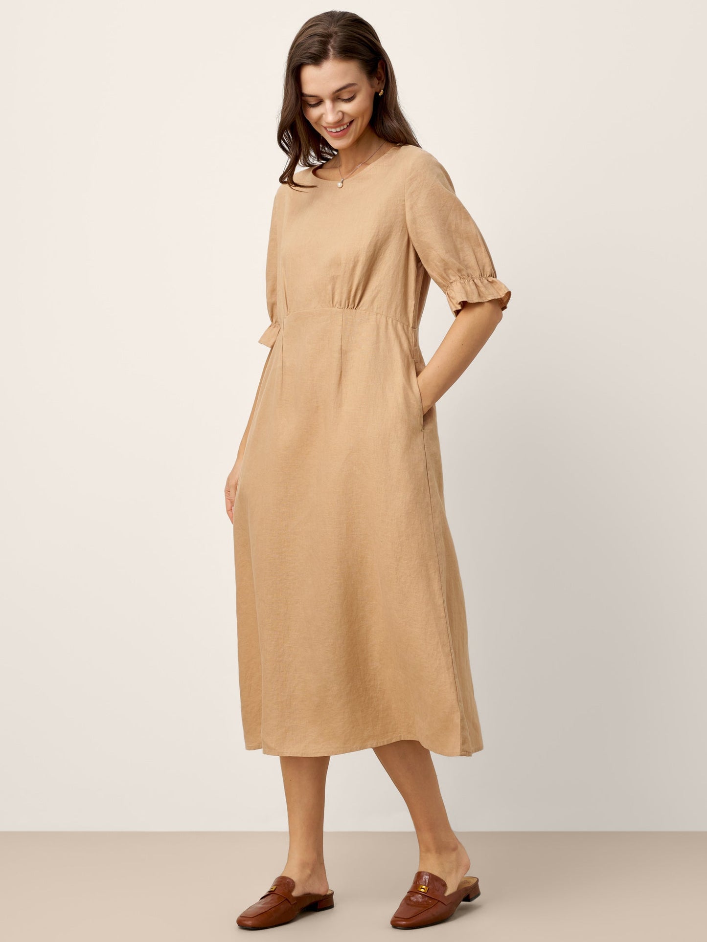 Talia | Women’s Linen Round Neck Sleeve Maxi Dress