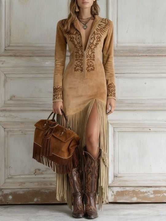 Talia | Women’s Long Sleeve Fringe Maxi Dress