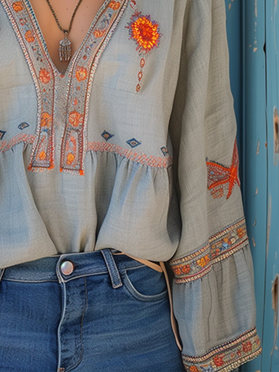 Delaney | Women’s Summer Boho Embroidered V-Neck Blouse