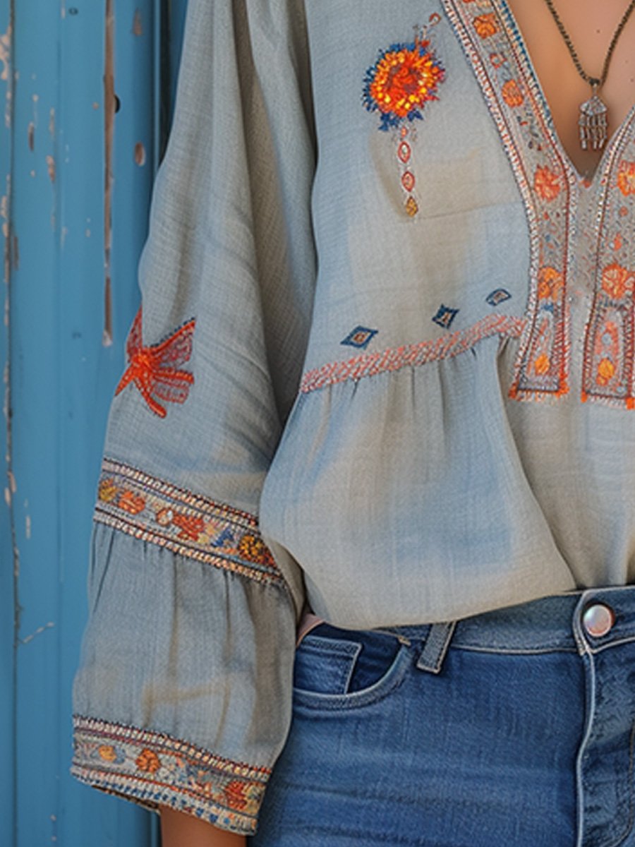 Delaney | Women’s Summer Boho Embroidered V-Neck Blouse