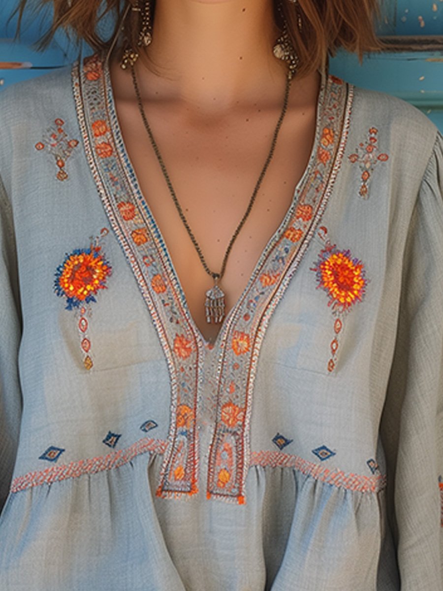 Delaney | Women’s Summer Boho Embroidered V-Neck Blouse