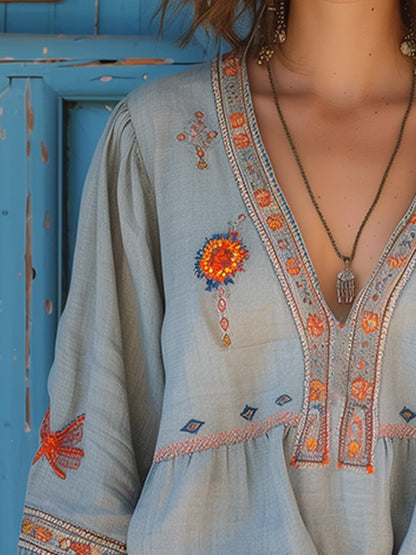 Delaney | Women’s Summer Boho Embroidered V-Neck Blouse