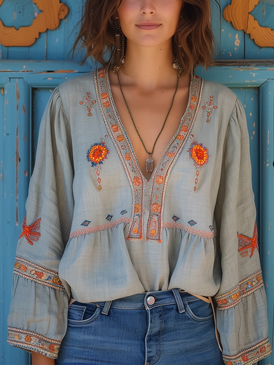 Delaney | Women’s Summer Boho Embroidered V-Neck Blouse