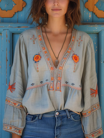 Delaney | Women’s Summer Boho Embroidered V-Neck Blouse