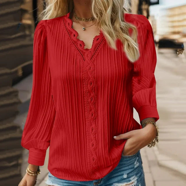 Eleanora | Women’s Pleated Blouse with Lace and V-Neck