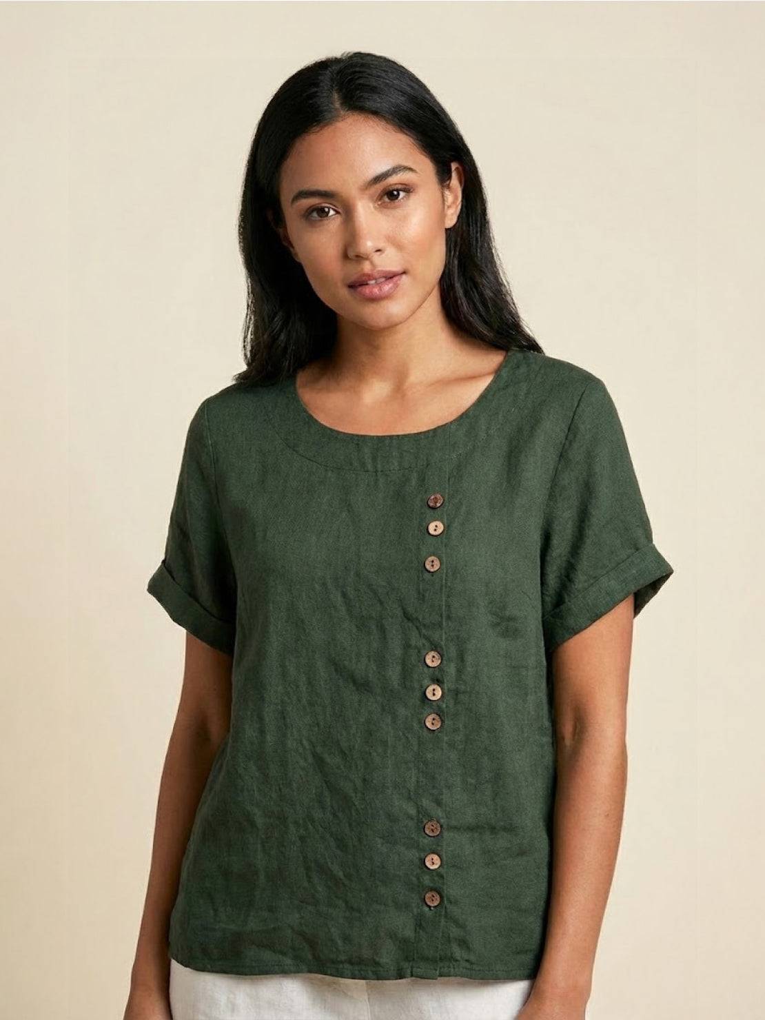 Anne | Women’s Linen Round Neck Button Blouse