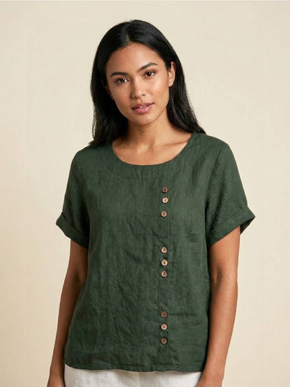 Anne | Women’s Linen Round Neck Button Blouse