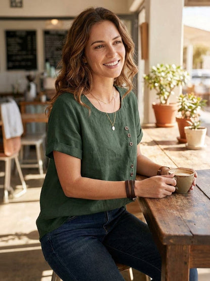 Anne | Women’s Linen Round Neck Button Blouse
