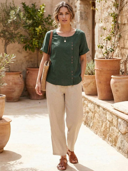 Anne | Women’s Linen Round Neck Button Blouse