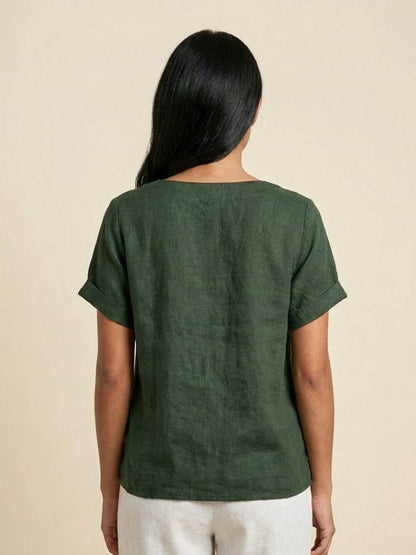 Anne | Women’s Linen Round Neck Button Blouse