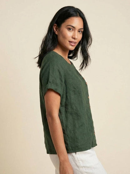 Anne | Women’s Linen Round Neck Button Blouse