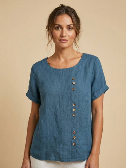 Anne | Women’s Linen Round Neck Button Blouse